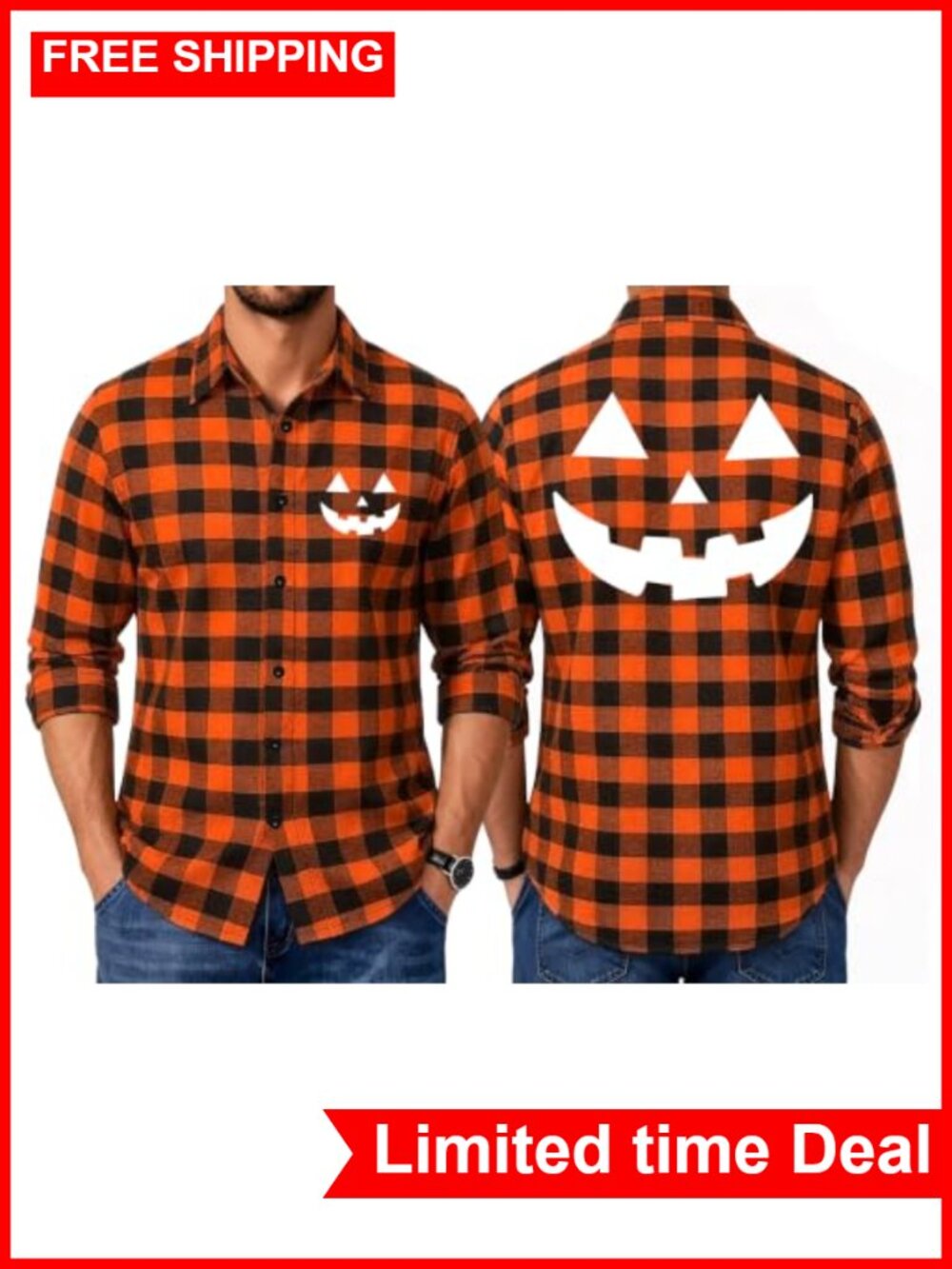 Men's Halloween Ghost Plaid Button Down Long Sleeve Shirt
